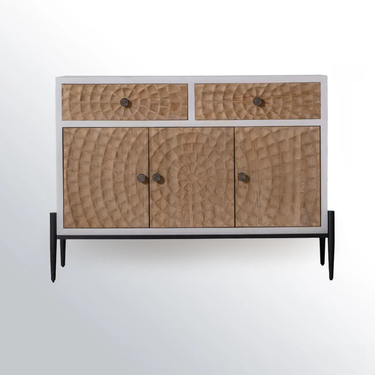 Meuble rectangulaire rustique autoportant en bois blanc et base en fer