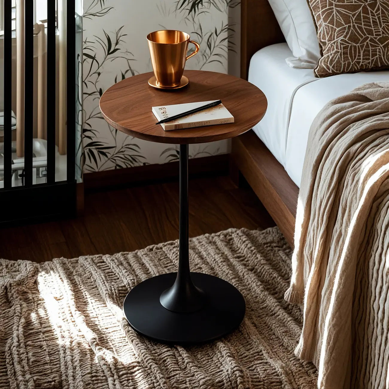 Table d'appoint ronde minimaliste en bois brun avec piètement en métal