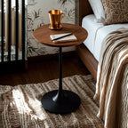 Table d'appoint ronde minimaliste en bois brun avec piètement en métal