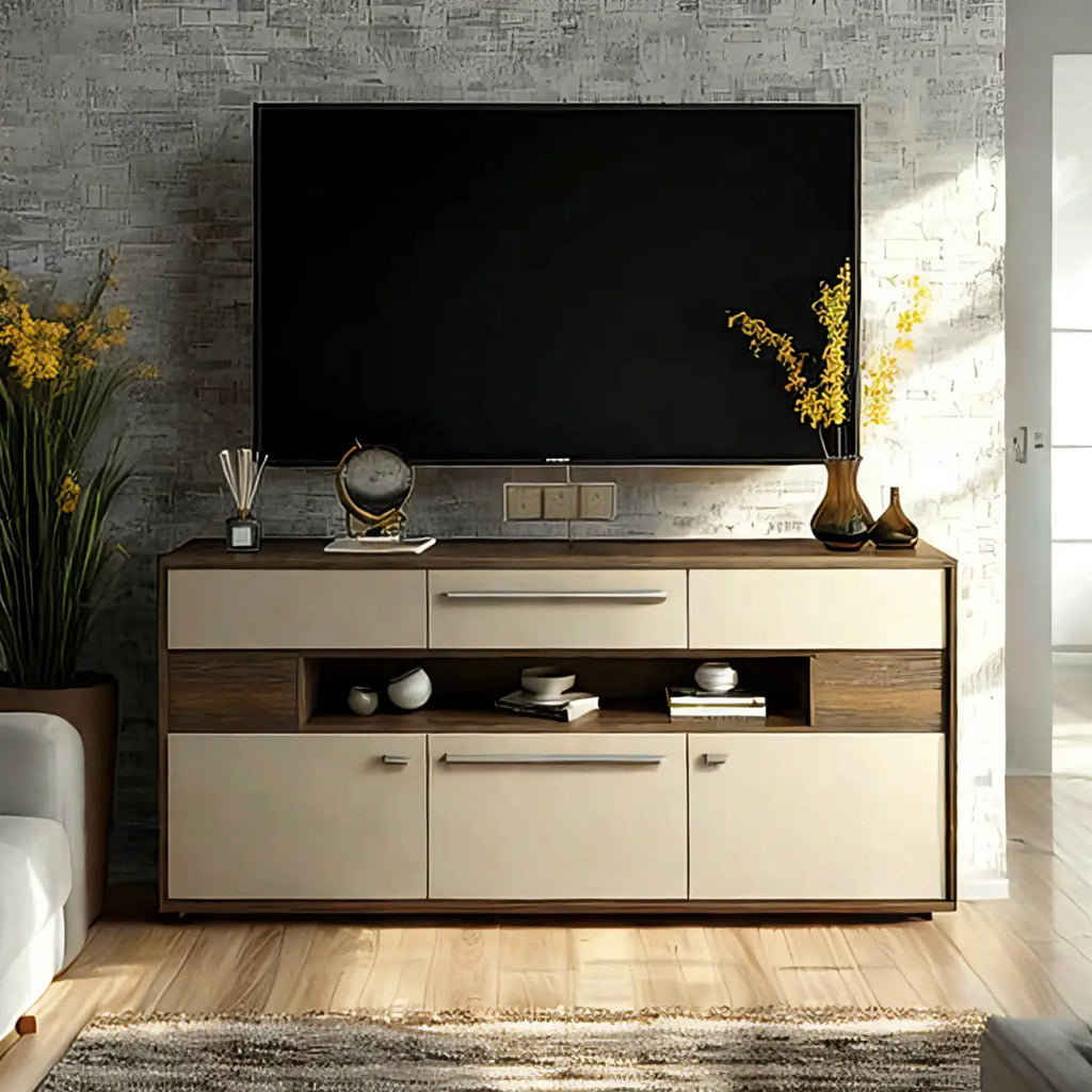 Meuble TV rectangulaire en bois gris avec rangement intégré pour chambre à coucher