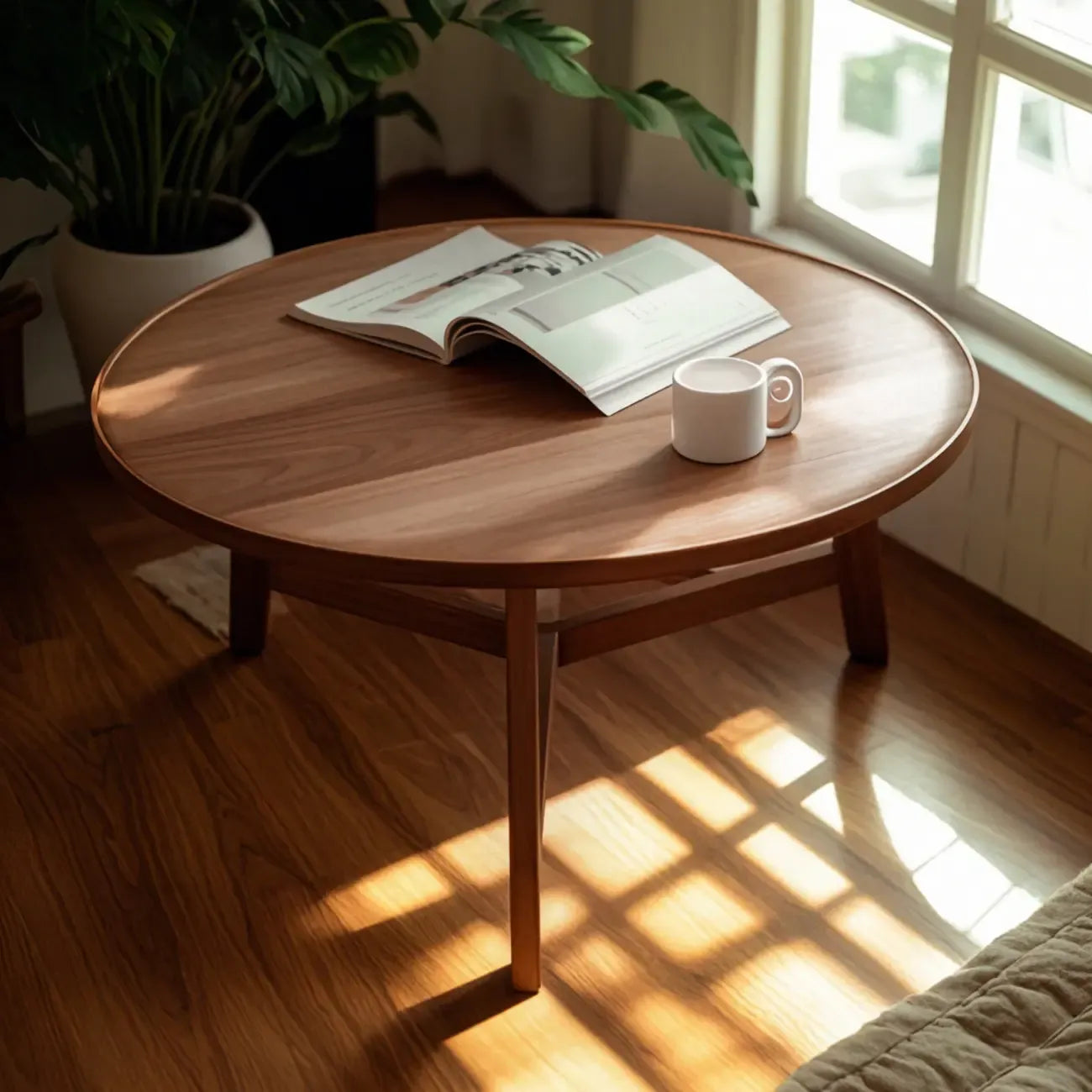 Ensemble table basse ronde en bois style milieu du siècle avec pieds croisés