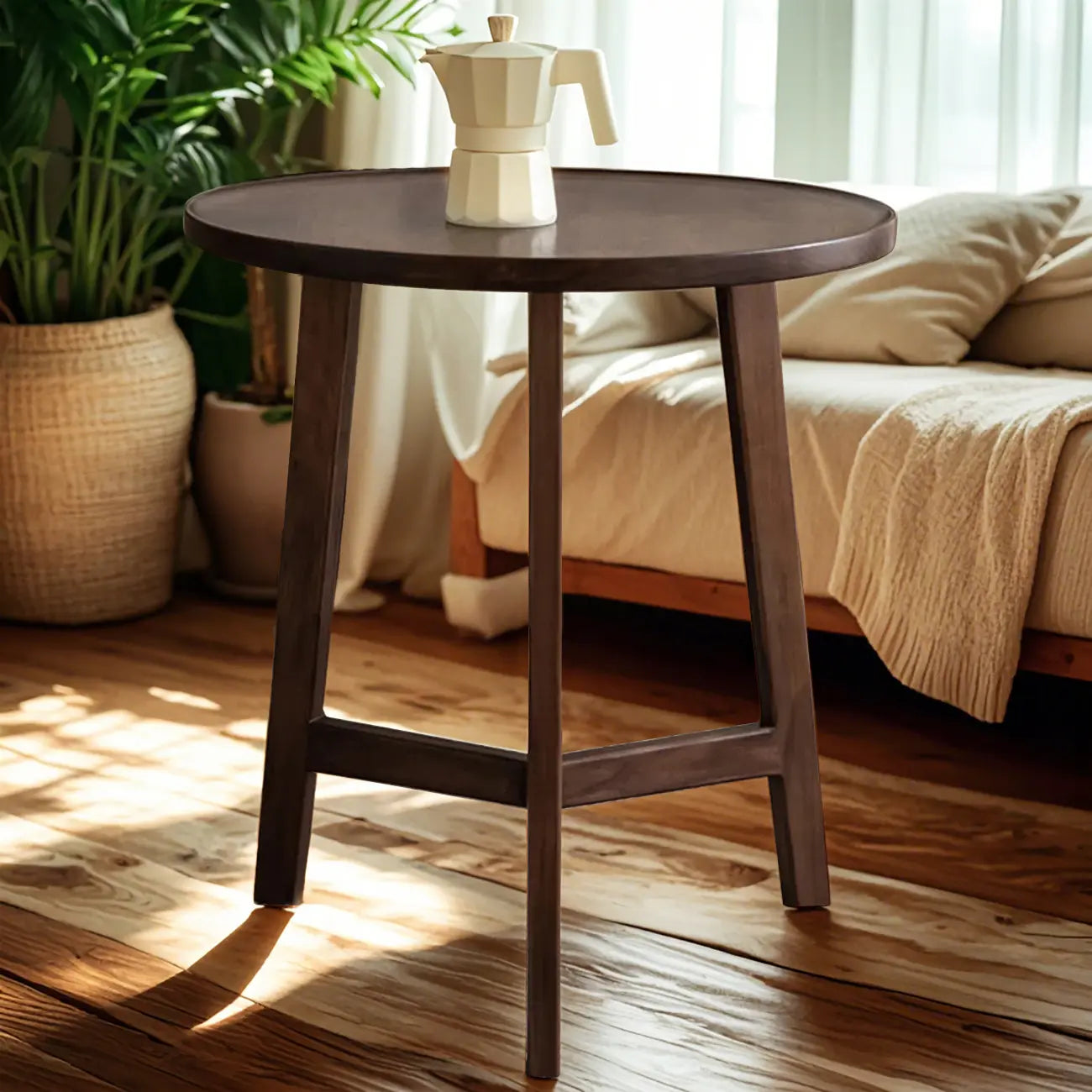 Ensemble table basse ronde en bois style milieu du siècle avec pieds croisés