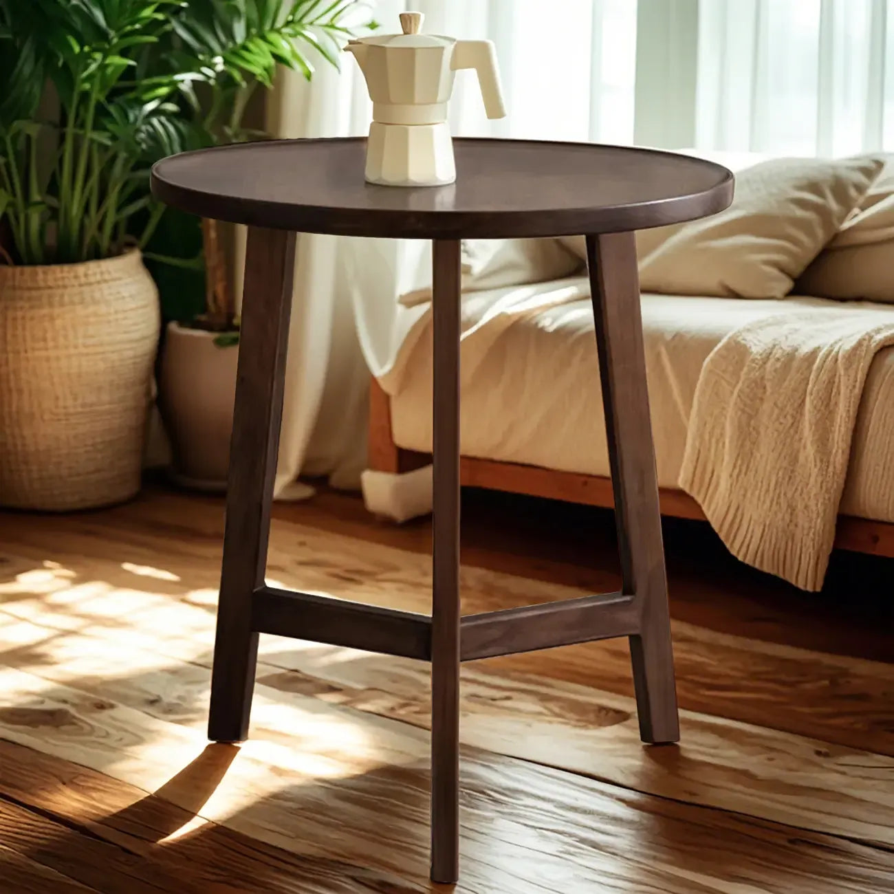Ensemble table basse ronde en bois style milieu du siècle avec pieds croisés