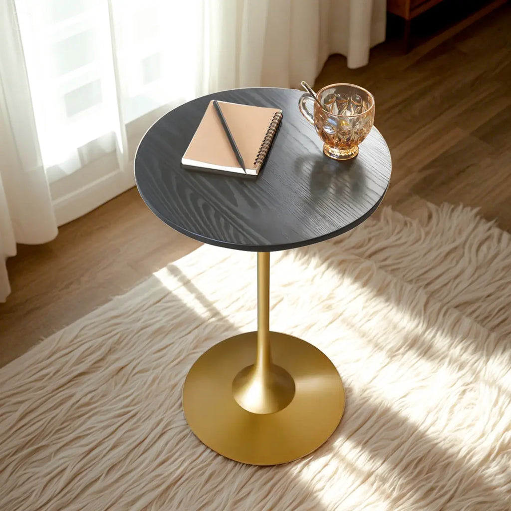 Table d'appoint ronde minimaliste en bois brun avec piètement en métal
