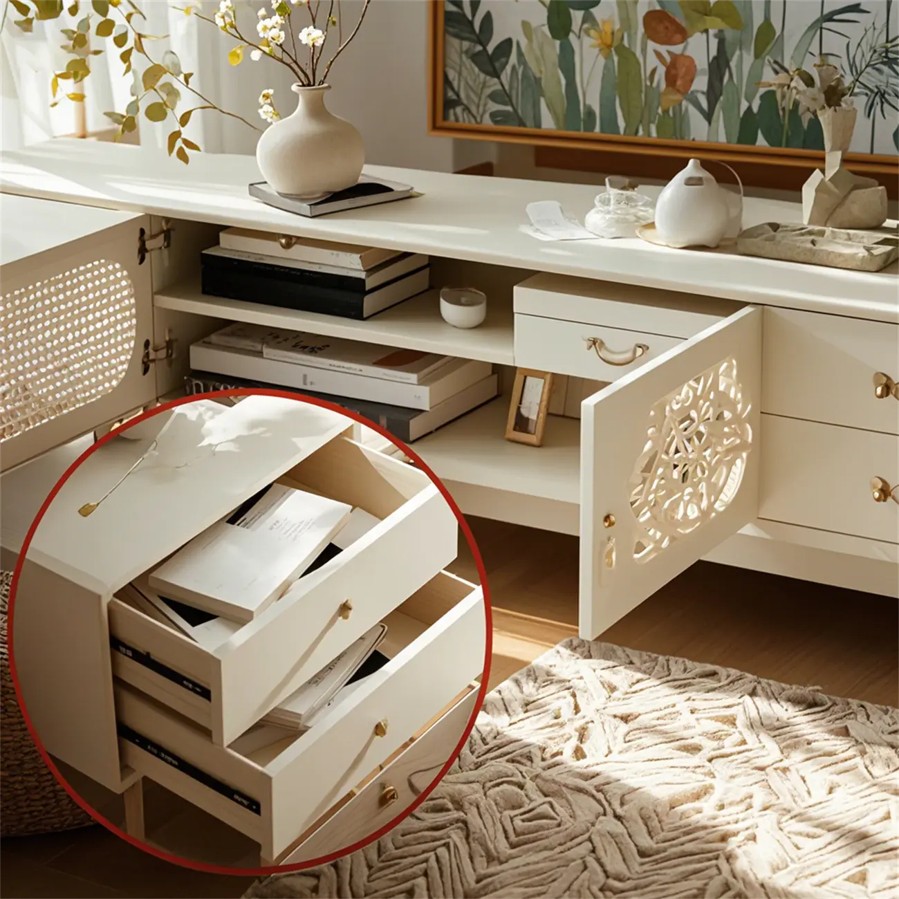Meuble TV élégant en bois avec 4 tiroirs pour salon