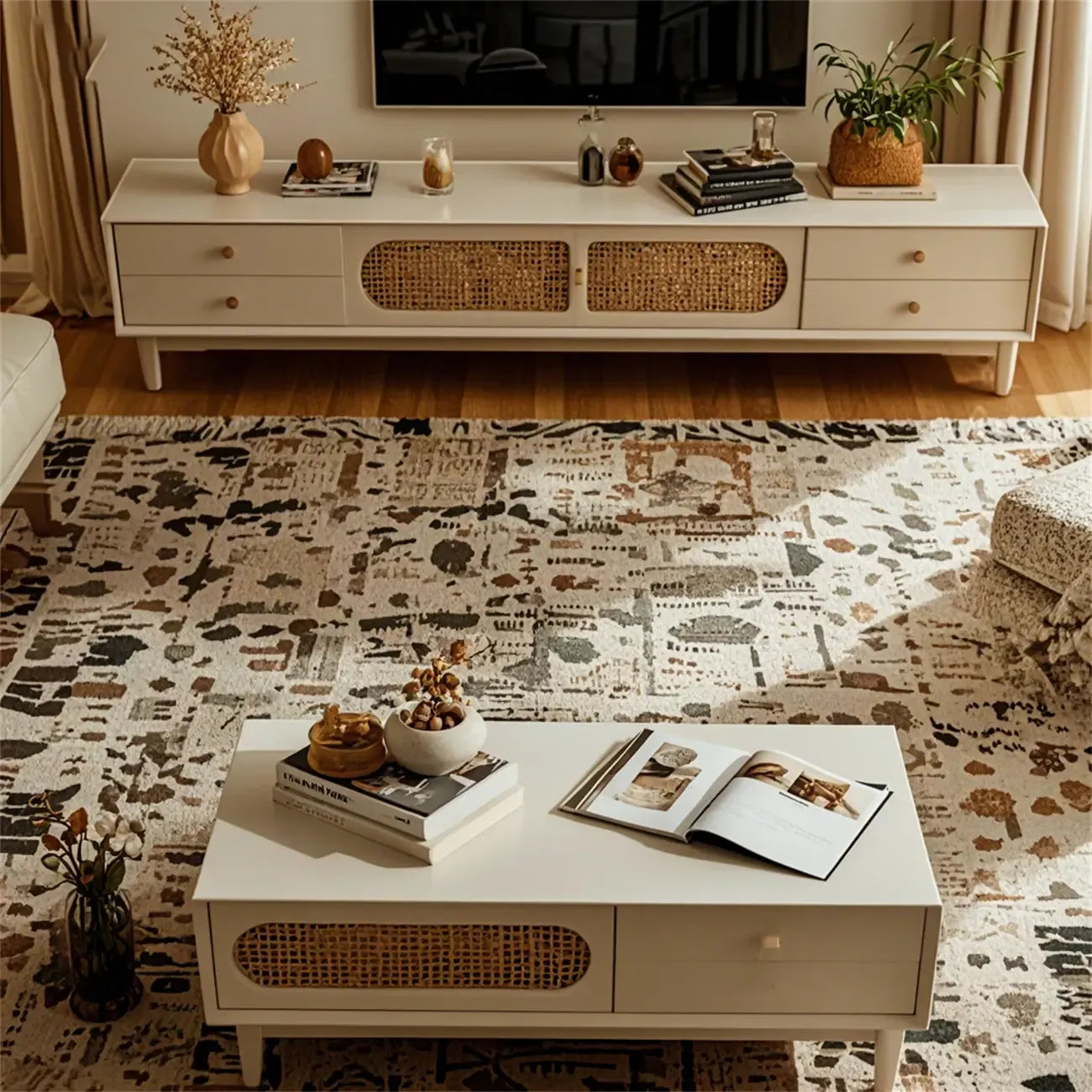 Meuble TV élégant en bois avec 4 tiroirs pour salon