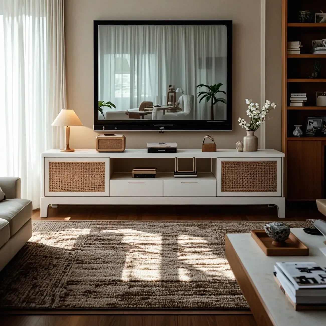 Meuble TV bohème en rotin et bois blanc avec rangement