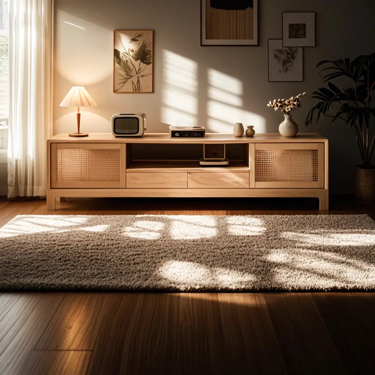 Meuble TV bohème en rotin et bois blanc avec rangement