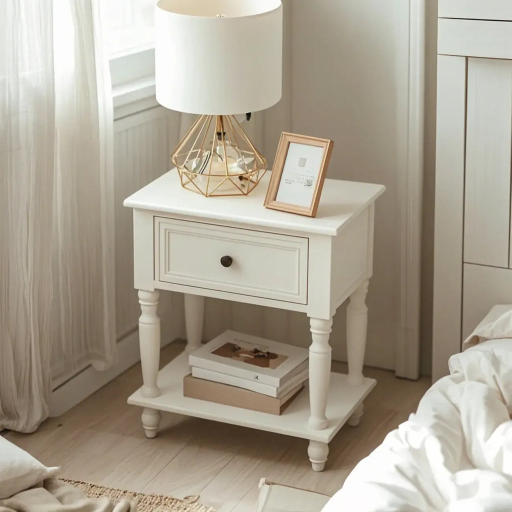 Table d'appoint en bois brun à 1 tiroir avec étagère, idéale pour les petits espaces