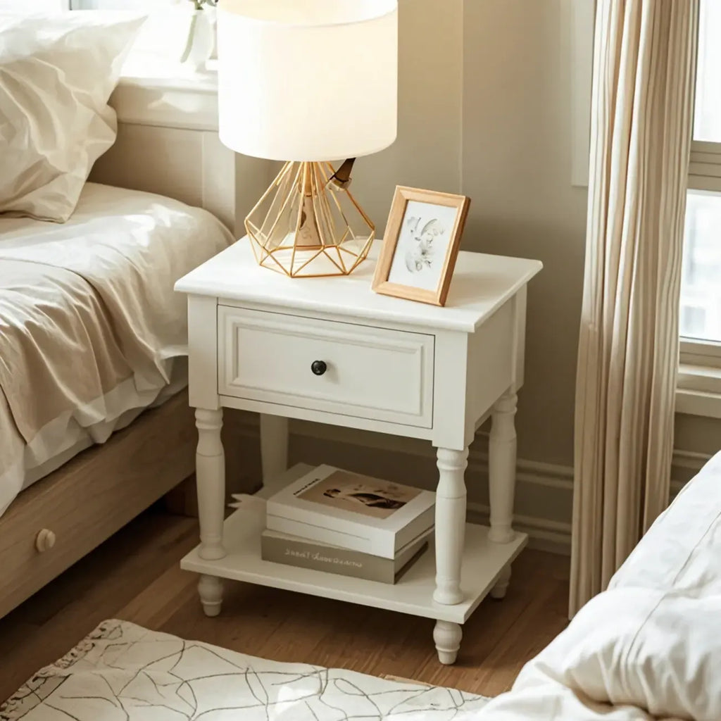 Table d'appoint en bois brun à 1 tiroir avec étagère, idéale pour les petits espaces