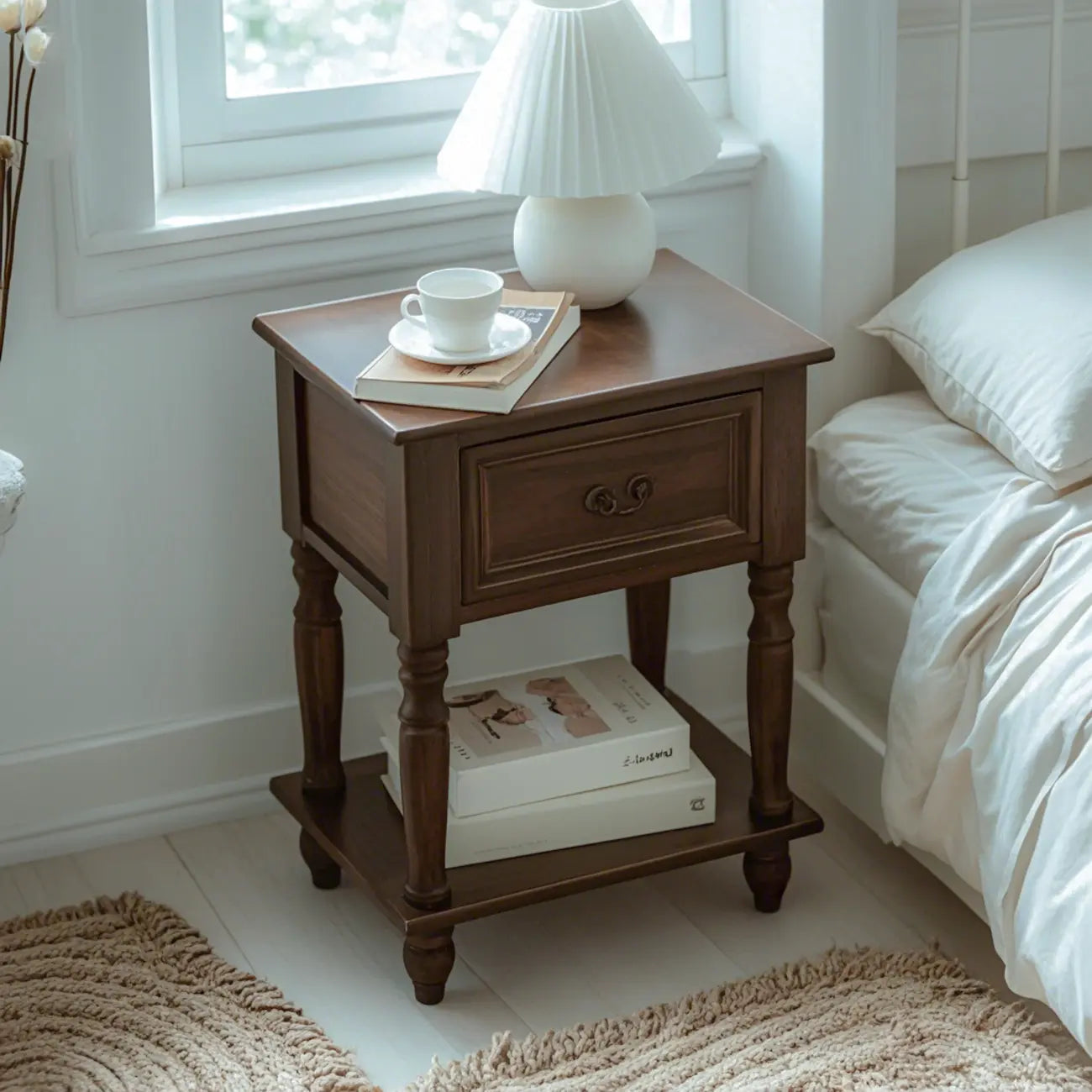 Table d'appoint en bois brun à 1 tiroir avec étagère, idéale pour les petits espaces