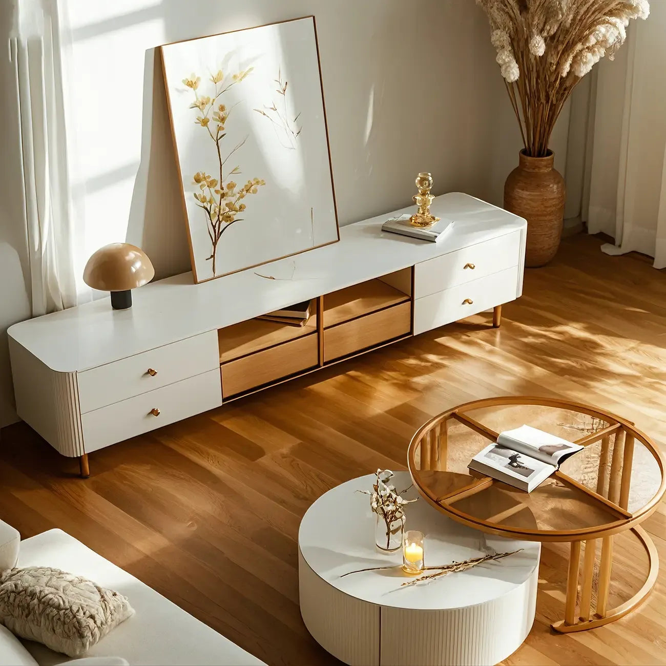 Meuble TV moderne en pierre beige avec éclairage LED pour salon