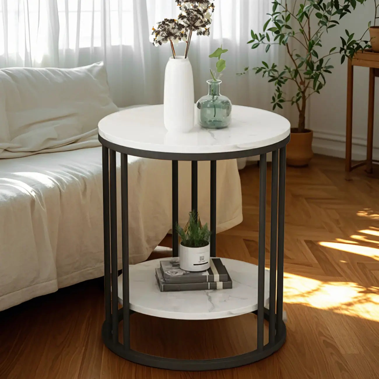 Table d'appoint ronde moderne en métal doré à 2 niveaux pour salon