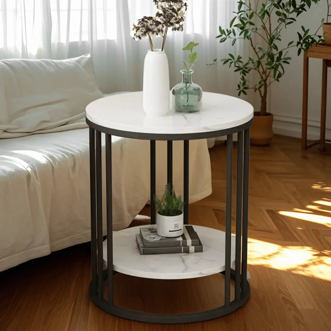 Table d'appoint ronde moderne en métal doré à 2 niveaux pour salon