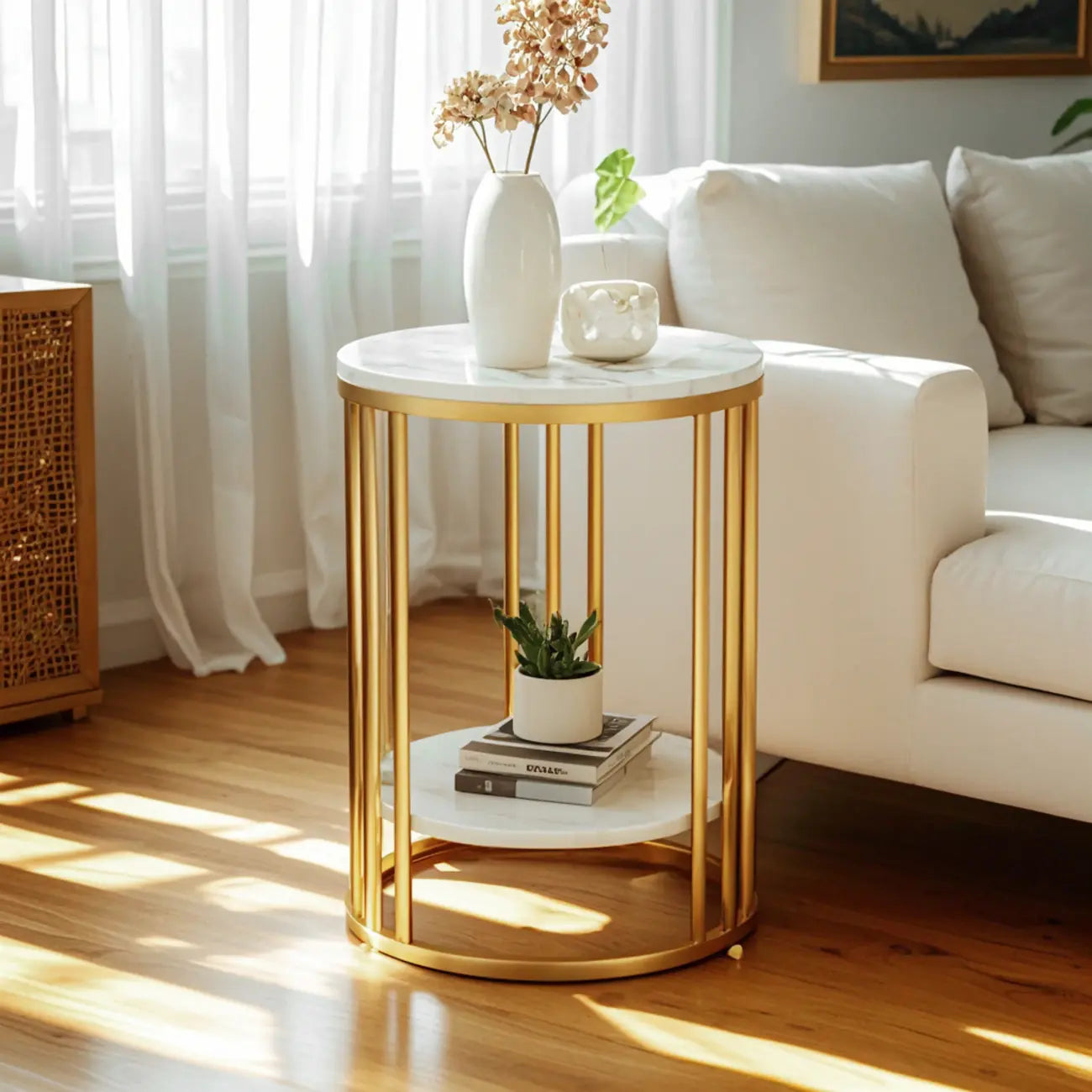 Table d'appoint ronde moderne en métal doré à 2 niveaux pour salon