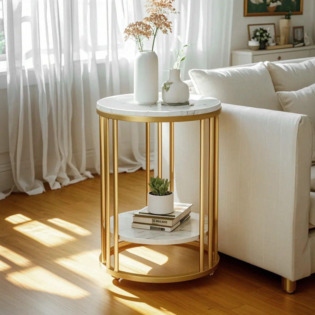 Table d'appoint ronde moderne en métal doré à 2 niveaux pour salon