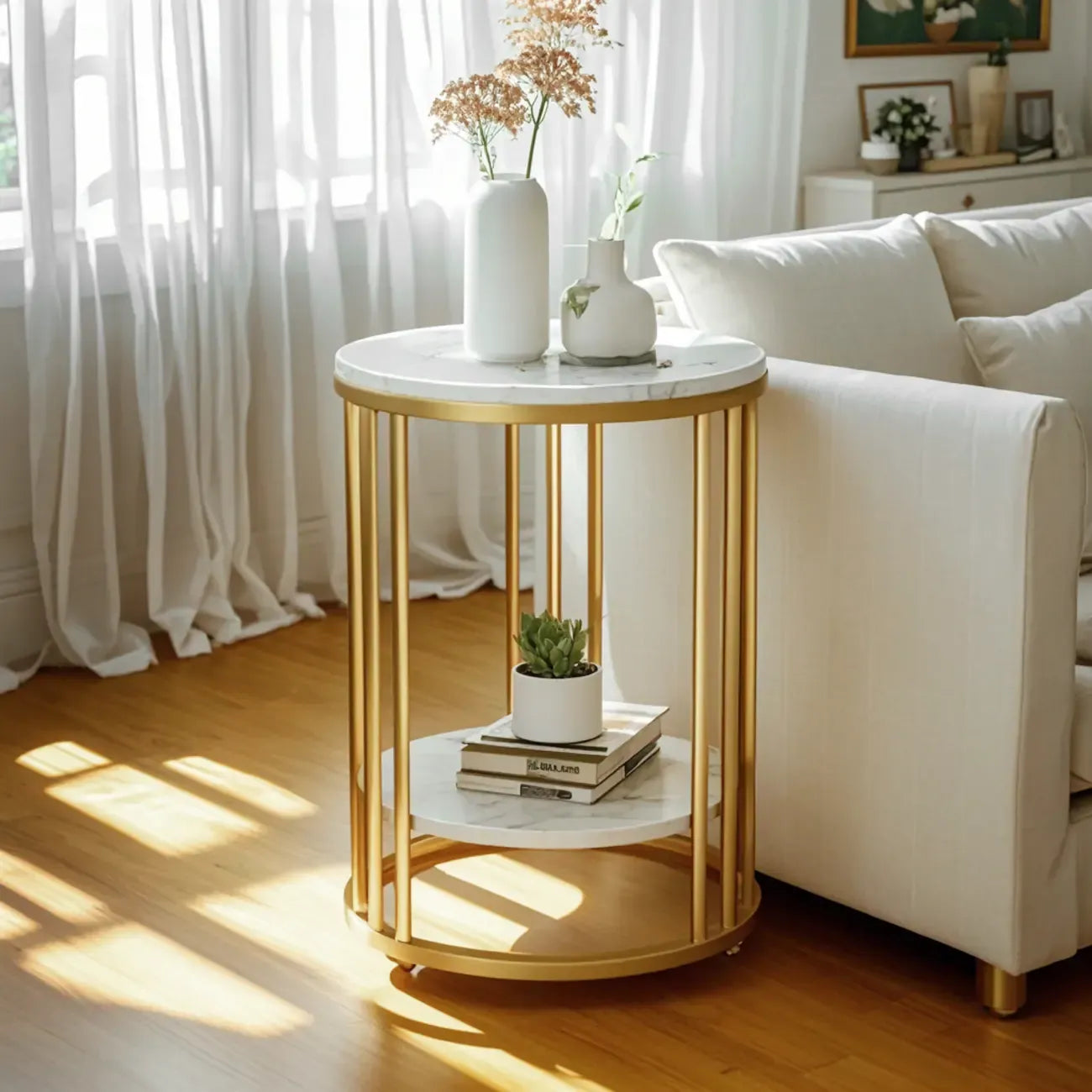 Table d'appoint ronde moderne en métal doré à 2 niveaux pour salon
