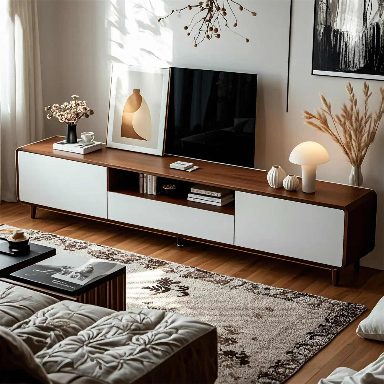Mobile TV in legno naturale bianco a giorno con cassetti, 87 cm