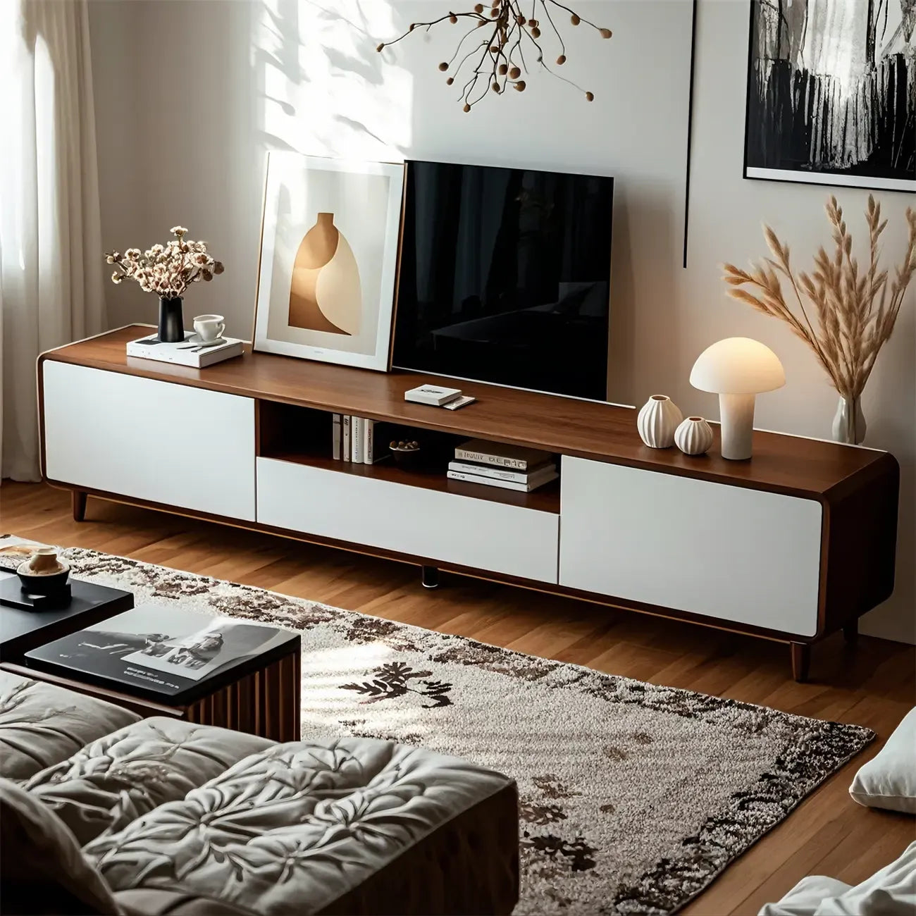 Mobile TV in legno naturale bianco a giorno con cassetti, 87 cm