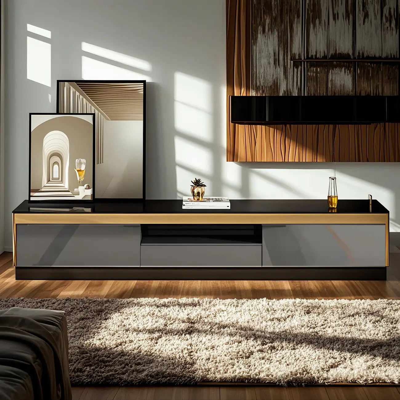 Meuble TV glamour en verre miroir avec tiroirs pour salon