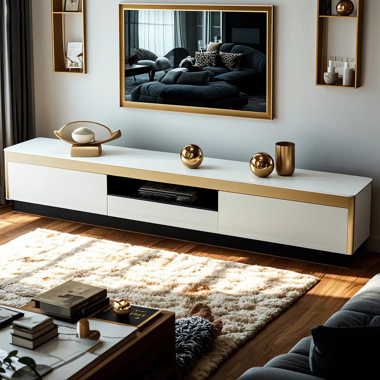 Meuble TV glamour en verre miroir avec tiroirs pour salon