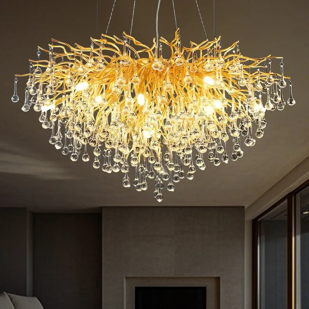 Lustre moderne en cristal avec branches dorées pour salle à manger