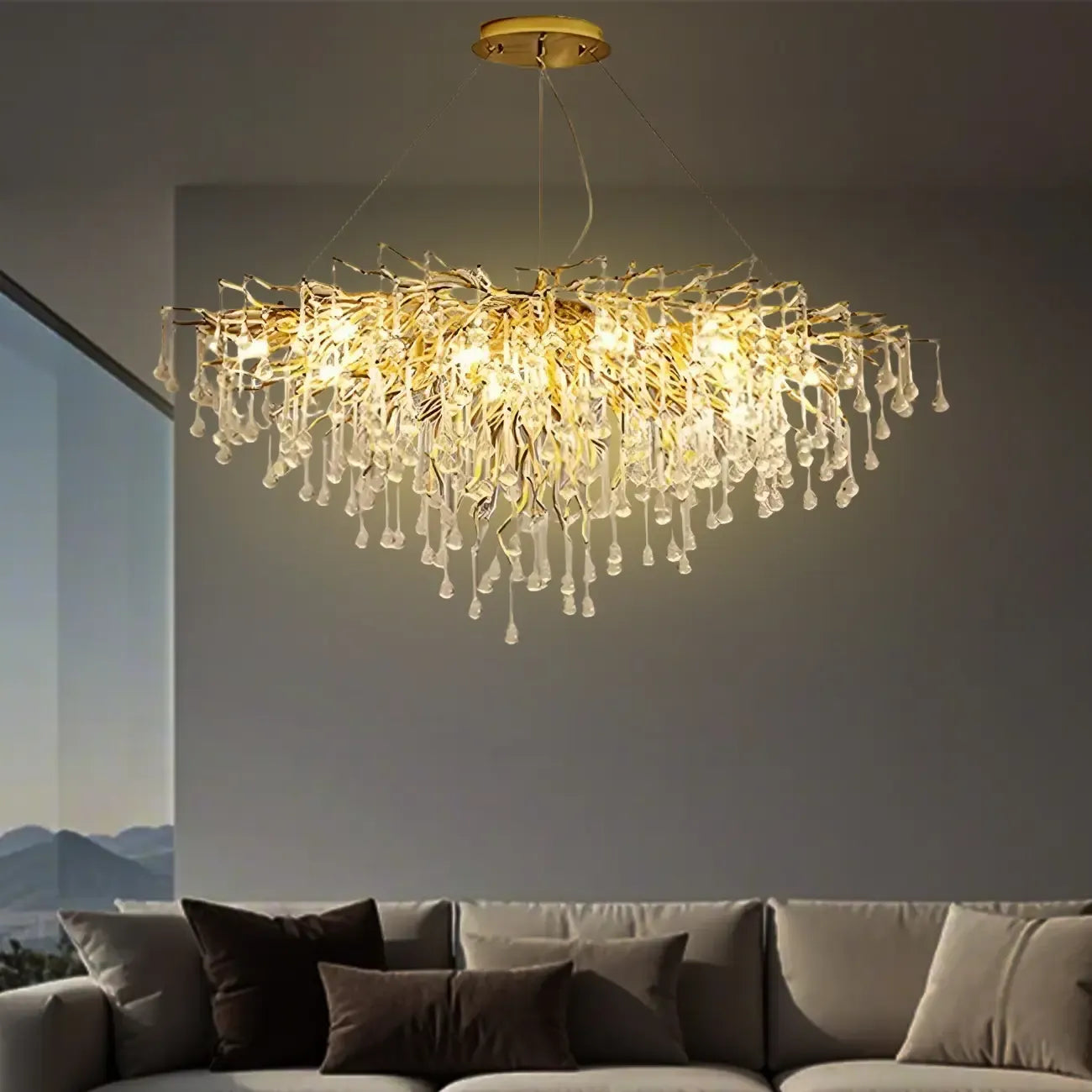 Lustre moderne en cristal avec branches dorées pour salle à manger