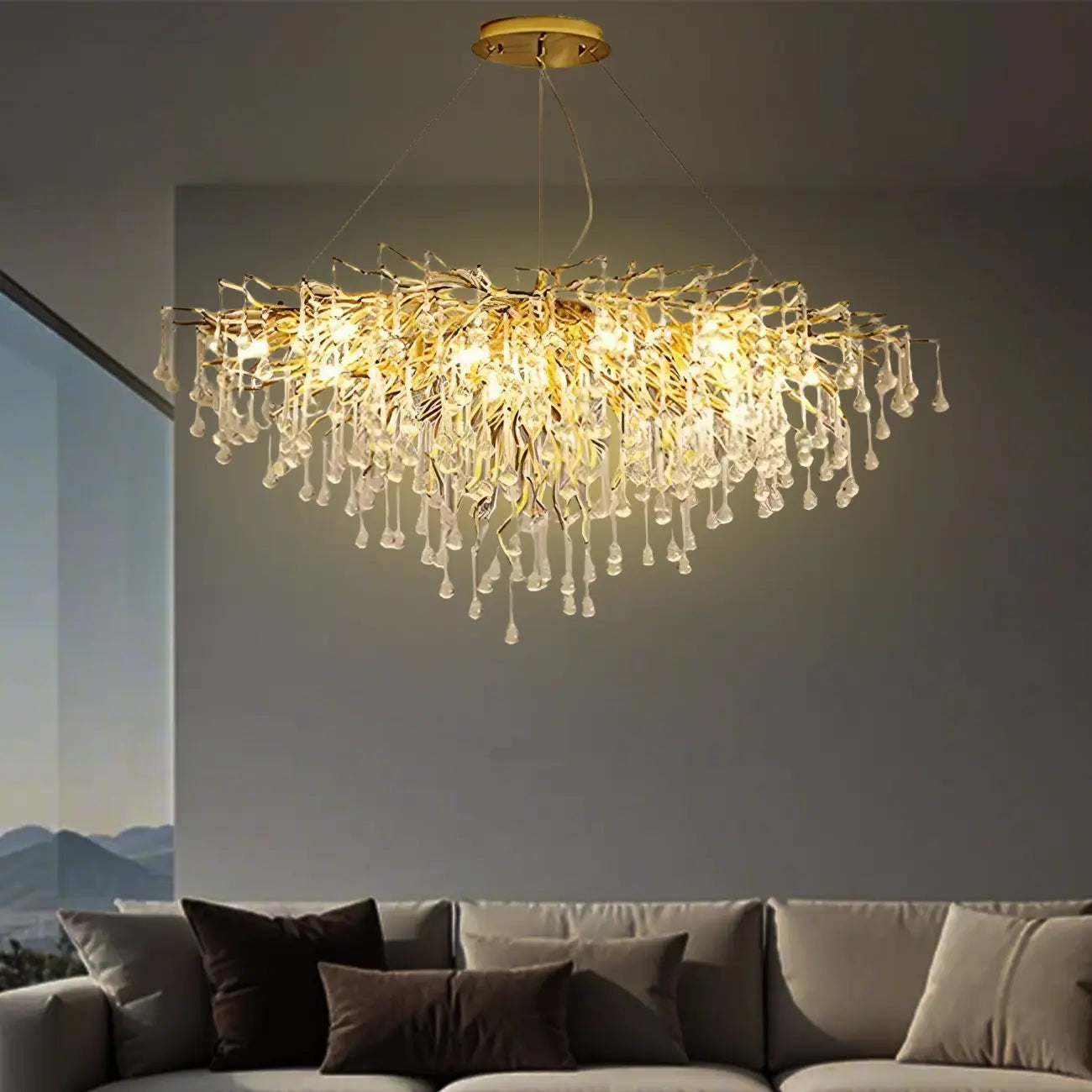 Lustre moderne en cristal avec branches dorées pour salle à manger