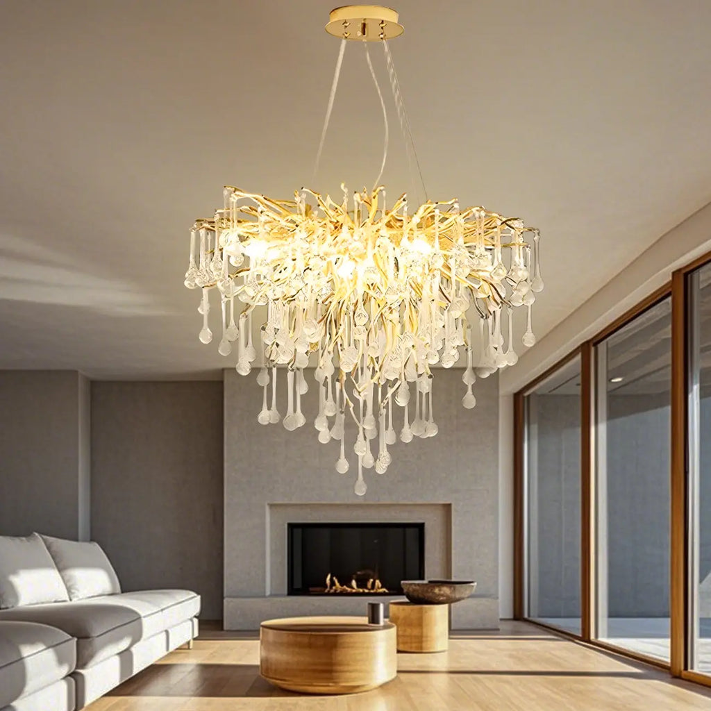 Lustre moderne en cristal avec branches dorées pour salle à manger