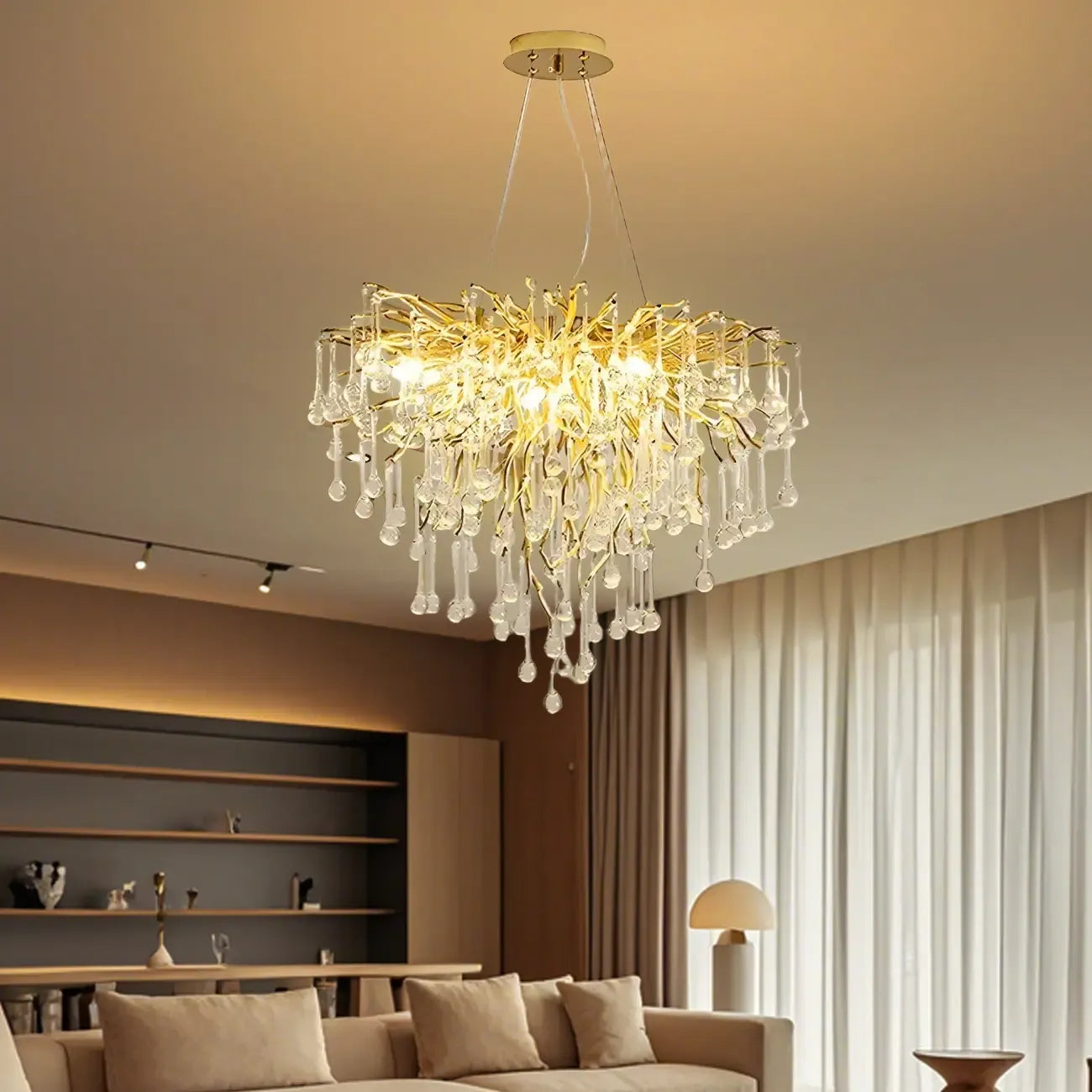 Lustre moderne en cristal avec branches dorées pour salle à manger