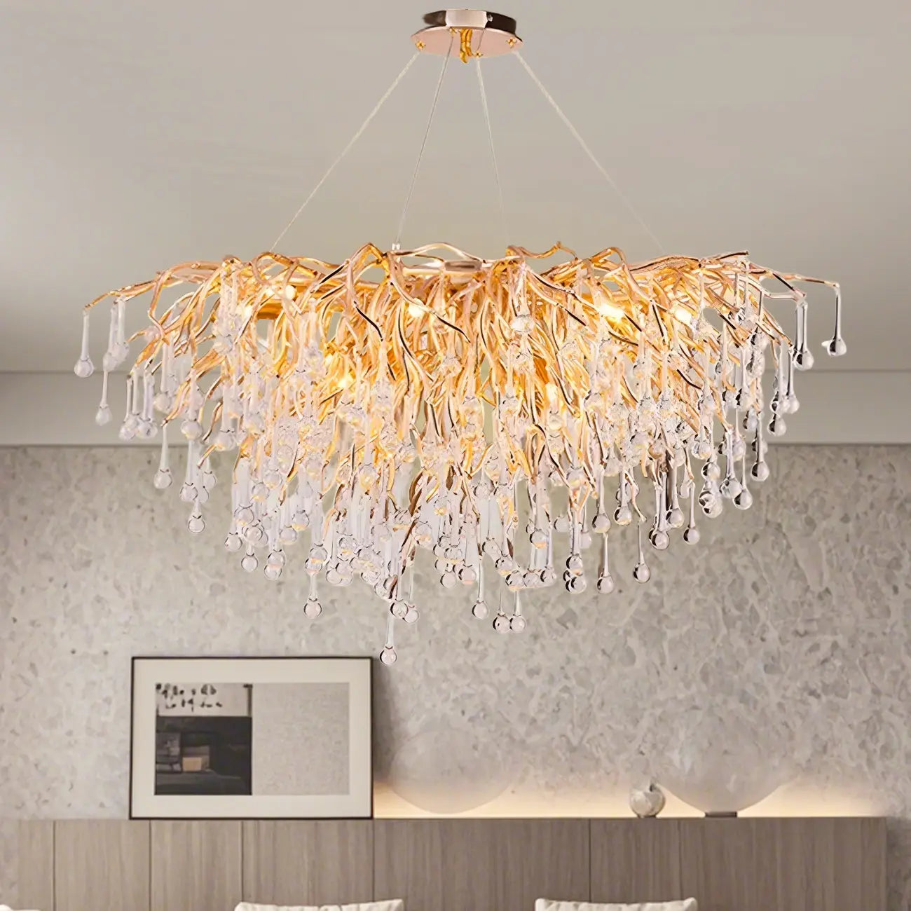 Lustre moderne en cristal avec branches dorées pour salle à manger