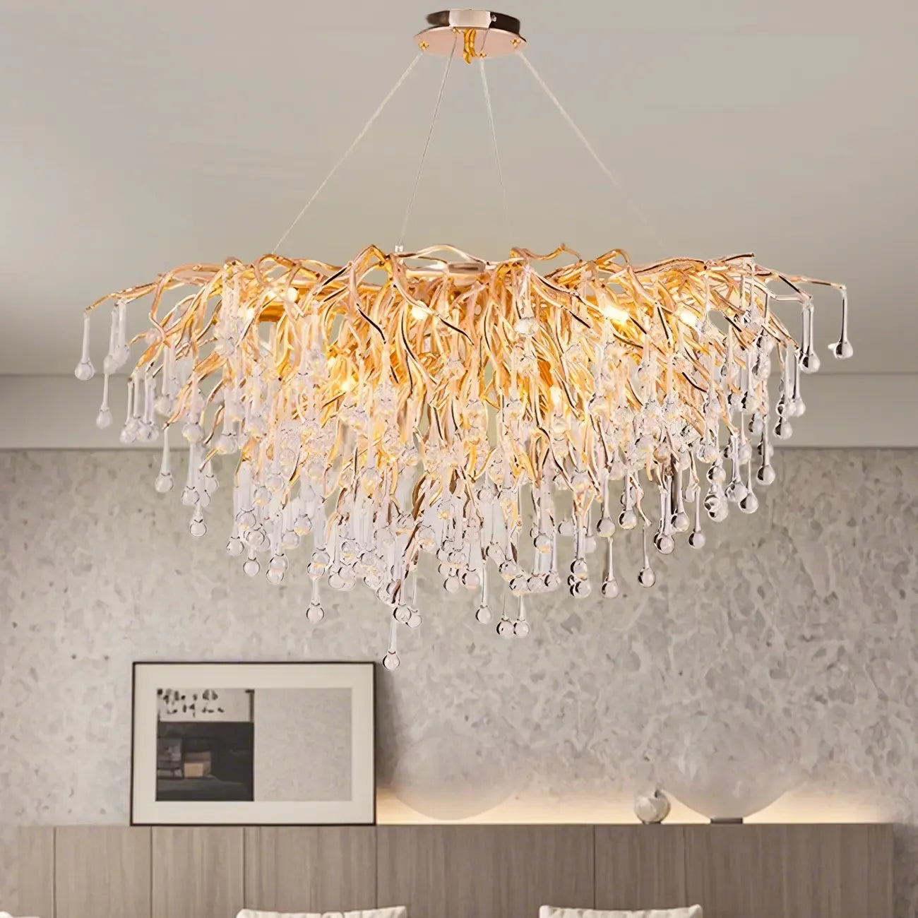 Lustre moderne en cristal avec branches dorées pour salle à manger