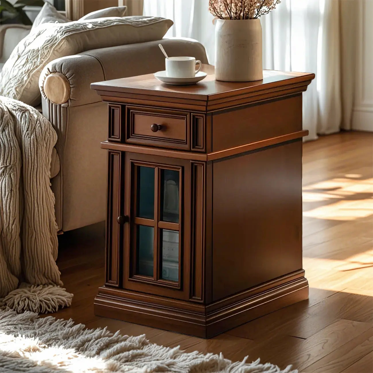 Table d'appoint en bois massif marron avec rangement pour salon