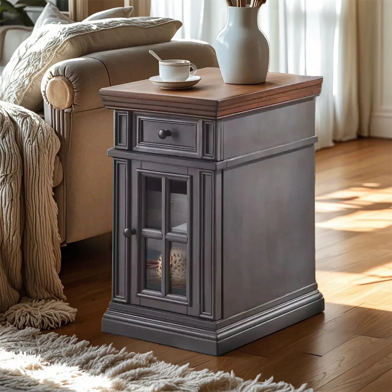Table d'appoint en bois massif marron avec rangement pour salon