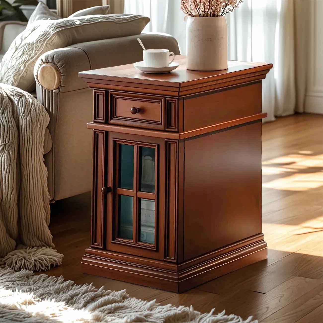 Table d'appoint en bois massif marron avec rangement pour salon