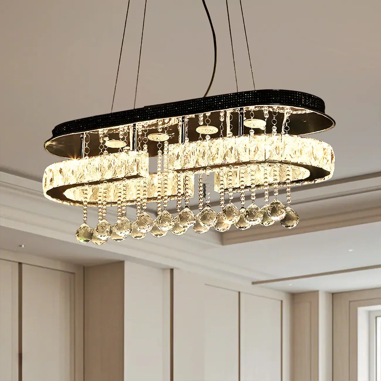 Suspension LED rectangulaire en cristal de luxe pour îlot de cuisine