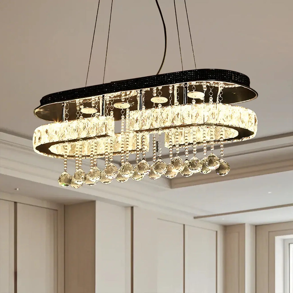 Suspension LED rectangulaire en cristal de luxe pour îlot de cuisine