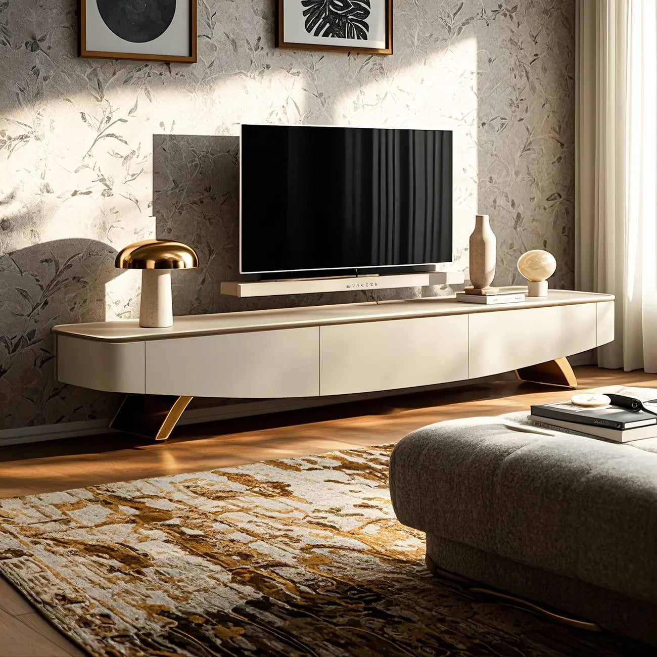 Mobile TV curvo in pietra moderna con cassetti Champagne 87