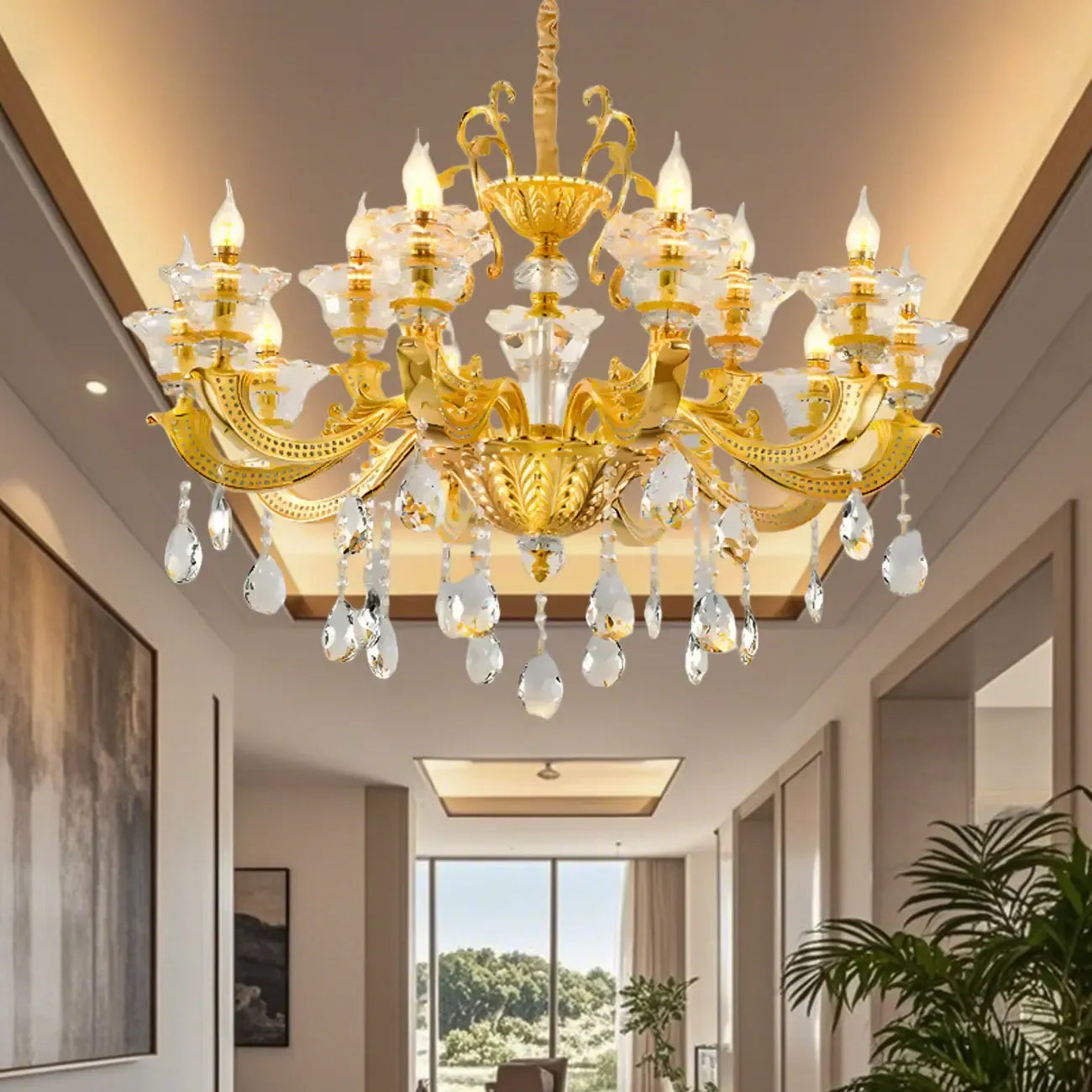 Lustre suspendu en cristal doré pour salon avec éclairage indirect et candélabre