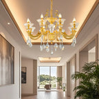 Lustre suspendu en cristal doré pour salon avec éclairage indirect et candélabre