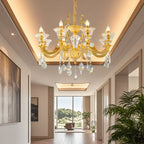Lustre suspendu en cristal doré pour salon avec éclairage indirect et candélabre