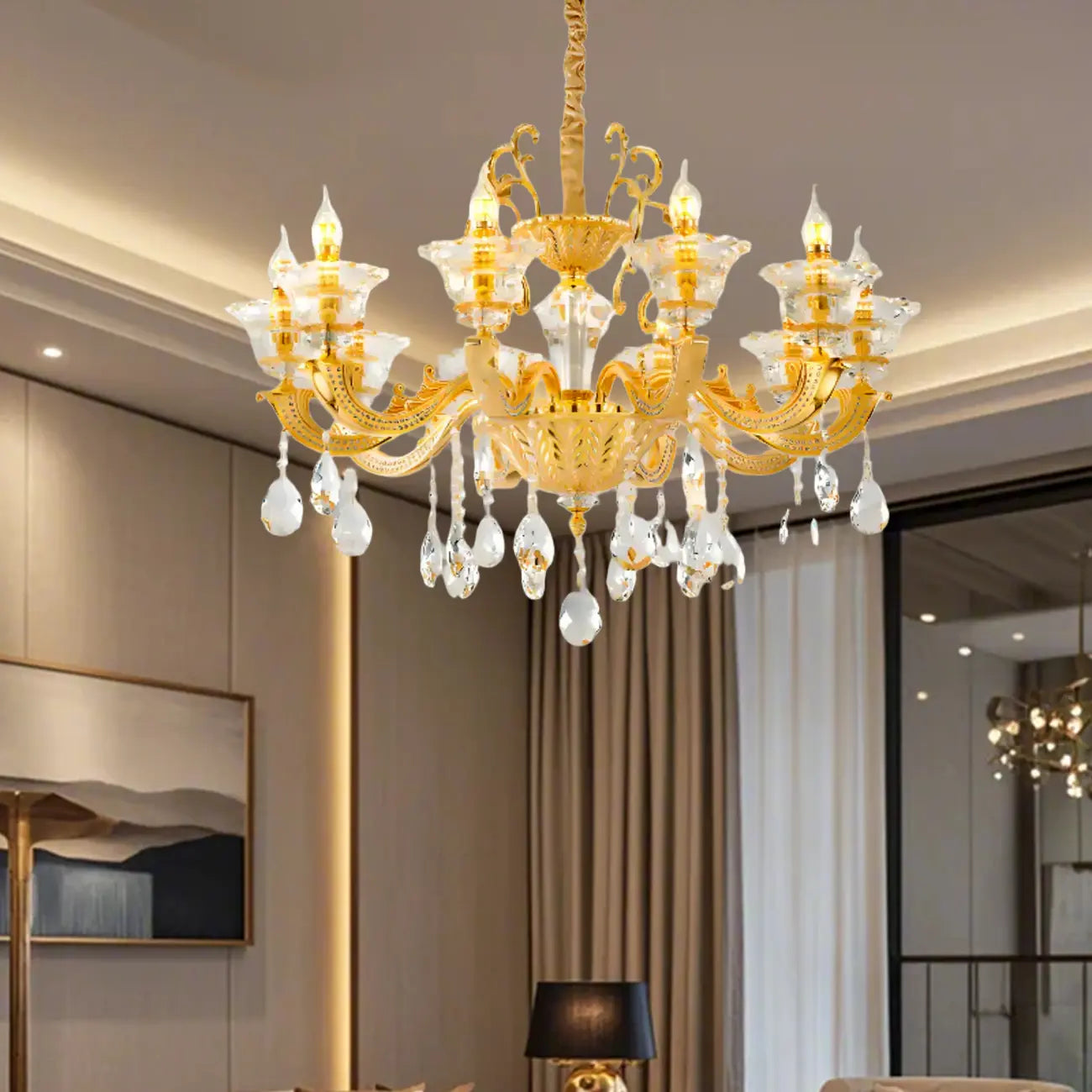 Lustre suspendu en cristal doré pour salon avec éclairage indirect et candélabre