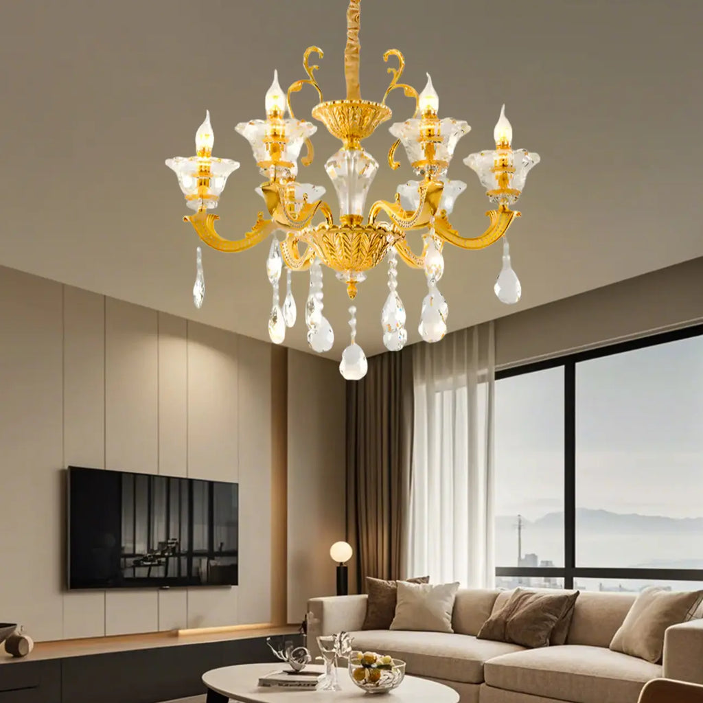 Lustre suspendu en cristal doré pour salon avec éclairage indirect et candélabre