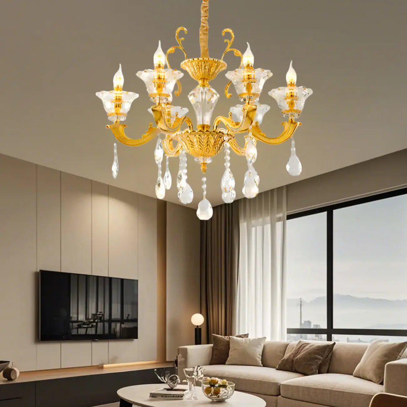Lustre suspendu en cristal doré pour salon avec éclairage indirect et candélabre