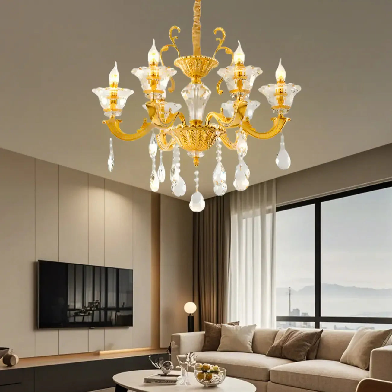 Lustre suspendu en cristal doré pour salon avec éclairage indirect et candélabre