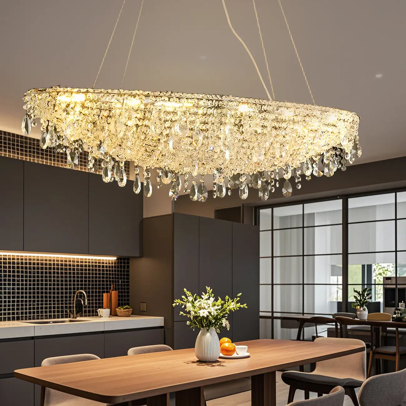 Suspension îlot de cuisine luxueuse en cristal à 16 lumières