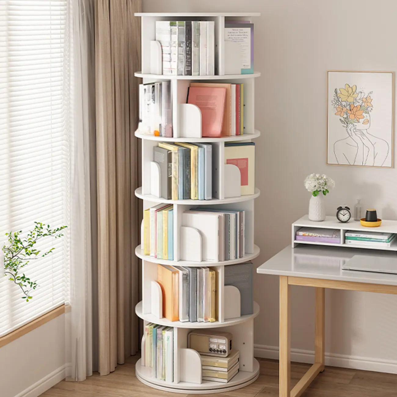 Bibliothèque cylindrique en bois marron à dos ouvert et pivotante