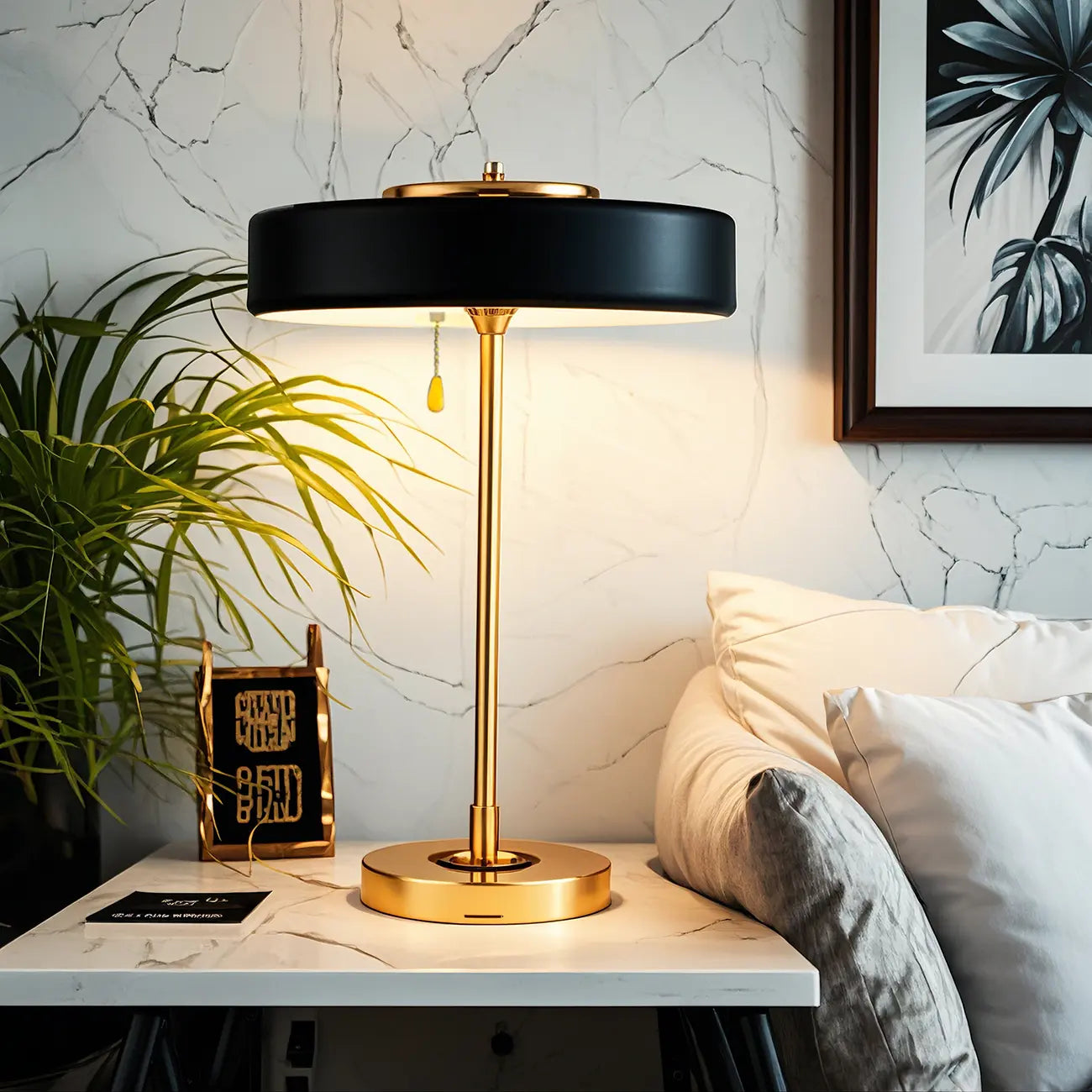 Lampe de chevet géométrique dorée avec interrupteur à tirette