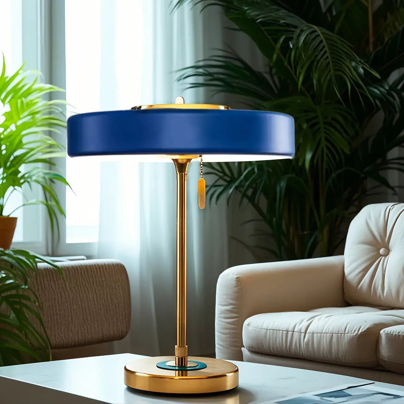 Lampe de chevet géométrique dorée avec interrupteur à tirette