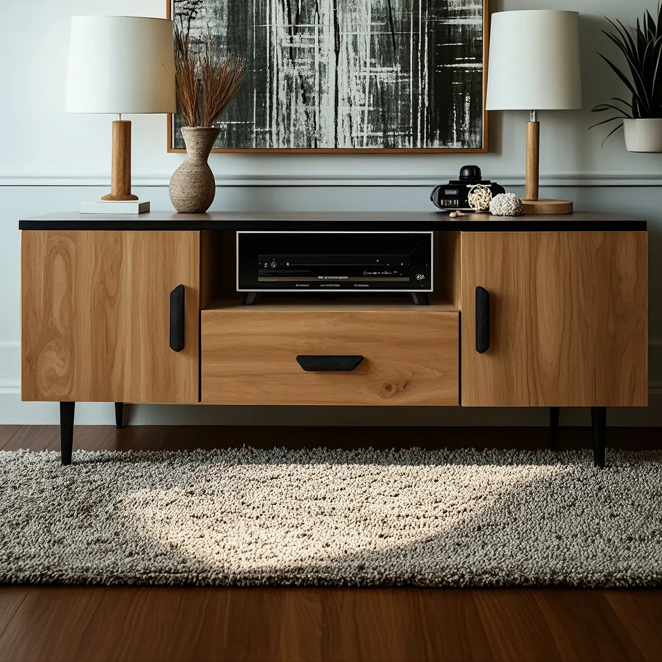 Meuble TV en bois brun avec étagère et pieds en métal